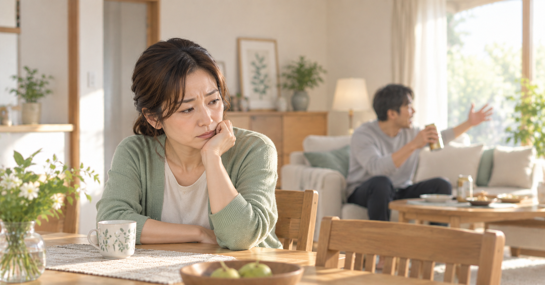 飲酒後の夫の暴言に悩む妻のイメージ