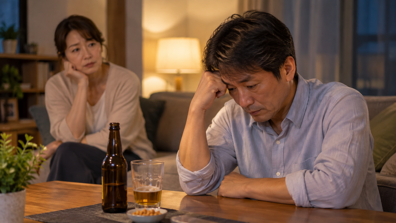 飲酒量を減らしても元に戻ってしまう夫を心配する妻のイメージ