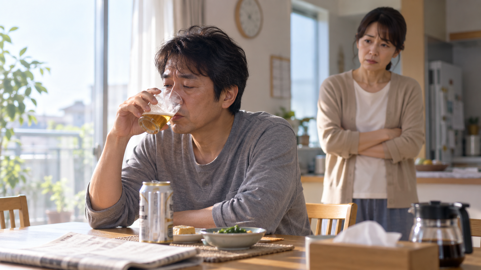 朝からお酒を飲む夫を心配する妻のイメージ