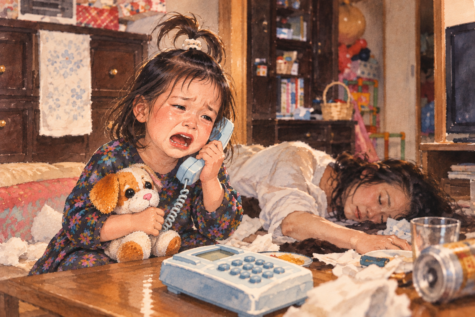 4歳の女の子が倒れた母親のために電話で救急車を呼ぶ場面を描いたイラスト
