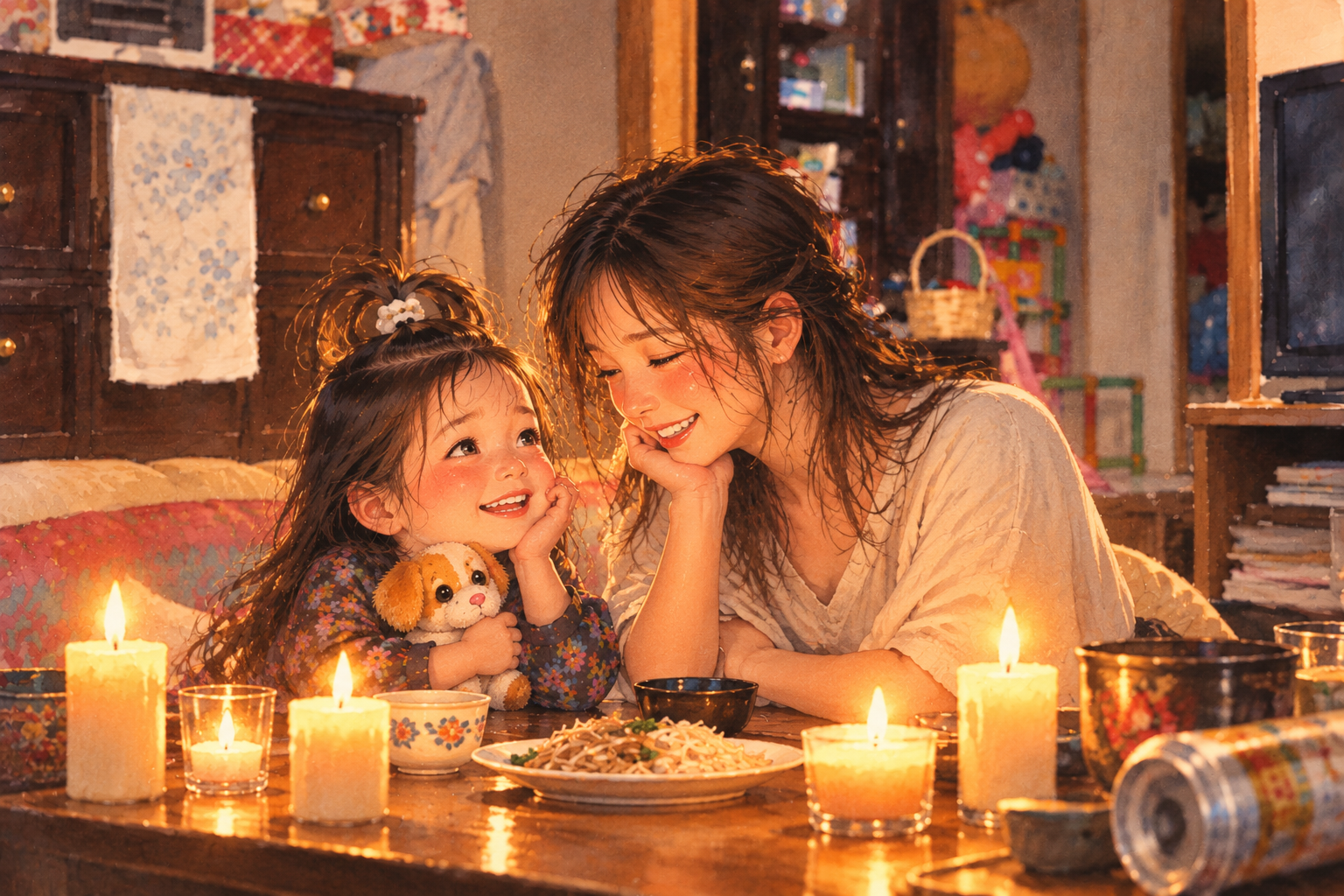 電気とガスが止まった家で、幼い山下弥生さんと母親がろうそくの明かりを見ながら笑い合うイメージイラスト