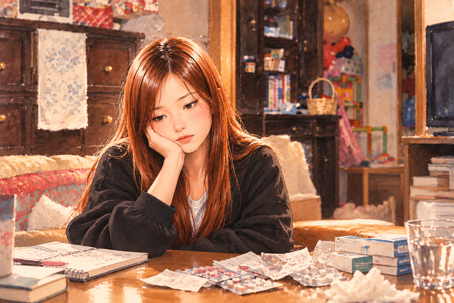 母親の服薬管理や介護、家計の責任を担い、悩みを抱える中学生時代の山下弥生さんをイメージしたイラスト